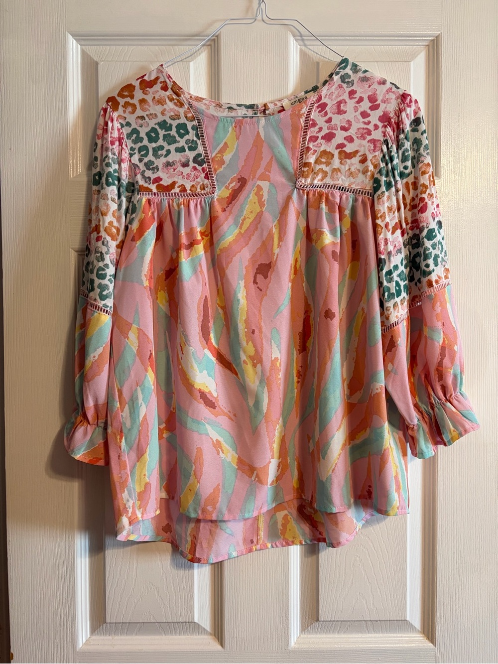 UMGEE Mixed Print Boho Blouse Trim Split Back Peasant Top Pink Size M